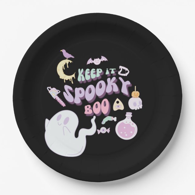 Plato De Papel Pastel Spooky Fantasma y Banda Black Halloween (Anverso)