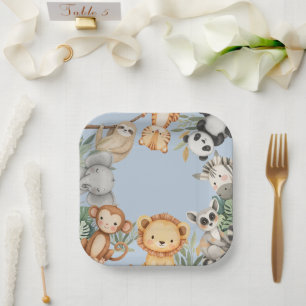 Plato De Papel Pastel Tropical Salvaje Una Selva Animales Safari