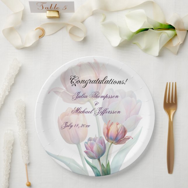 Plato De Papel Pastel Tulip Boda Suite Típografía elegante (Boda)