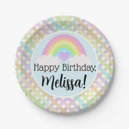 Plato De Papel Pastel Watercolor Rainbow Gingham Feliz cumpleaños