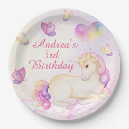 Plato De Papel Pastel Watercolor Unicornio Y Globos