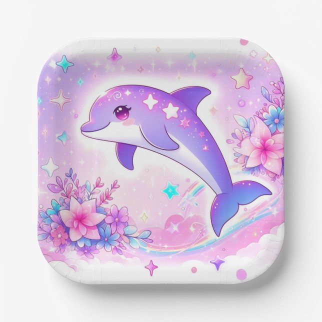 Plato De Papel Pastel Whimsical Dolphin Baby Shower (Anverso)