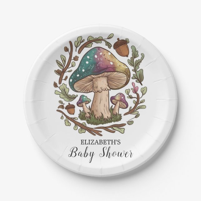 Plato De Papel Pastel Whimsical Mushroom Baby Shower (Anverso)