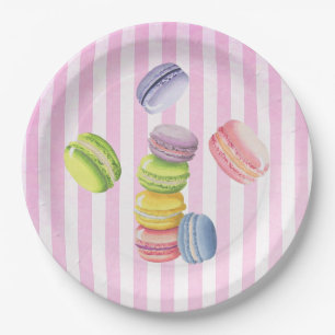 Plato De Papel Pasteles franceses de Macarons en acuarelas en