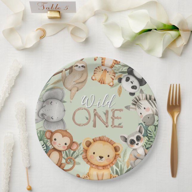 Plato De Papel PastelTropical Wild One Jungle Safari Animales (Boda)