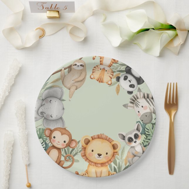 Plato De Papel PastelTropical Wild One Jungle Safari Animales (Boda)