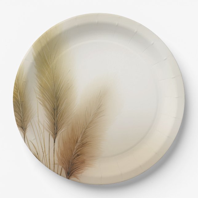 Plato De Papel Pasto Pampas Dorado Boda Boho Bohemio (Anverso)