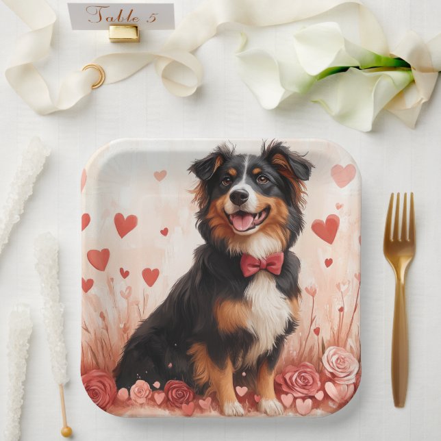 Plato De Papel Pastor Australiano con Rosas - Día de San Valentín (Boda)