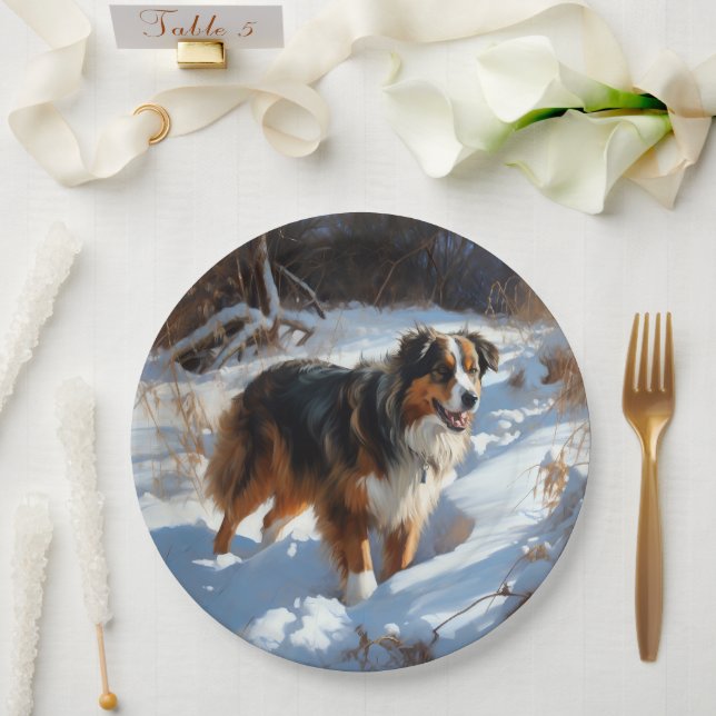Plato De Papel Pastor Australiano Deja que nieve Navidad (Boda)