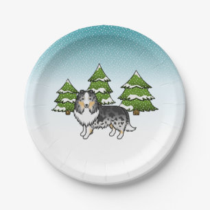 Plato De Papel Pastor de ovejas de Shetland Blue Merle en un bosq