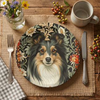 Plato De Papel Pastor de Shetland Tricolor Sheltie Floral Vintage
