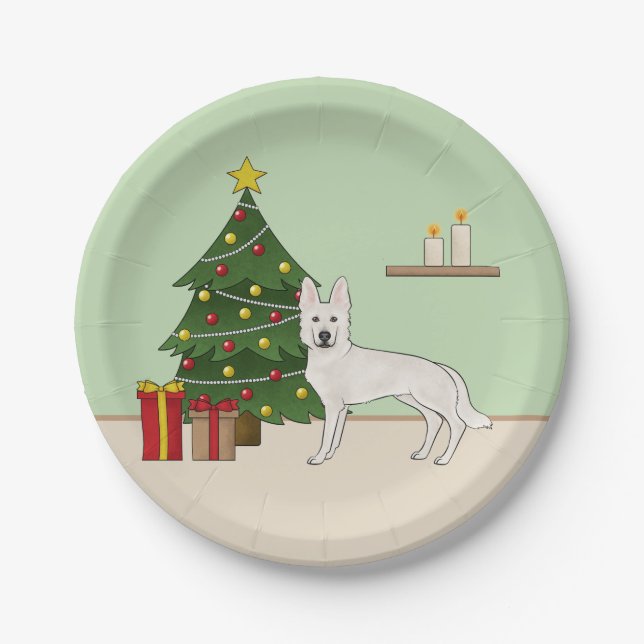 Plato De Papel Pastor Suizo Blanco Árbol de Navidad (Anverso)