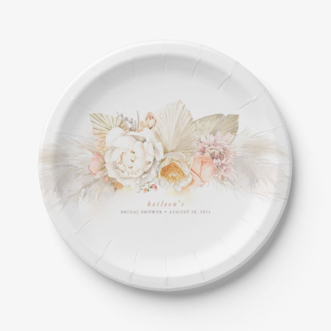 Plato De Papel Pastos suaves de Pampas y flores tiernas (Anverso)