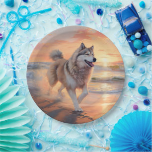 Plato De Papel Patas Arenosa Perro Malamute de Alaska en Puesta d