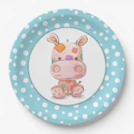Plato De Papel Patchwork Hippo Child's Blue Birthday