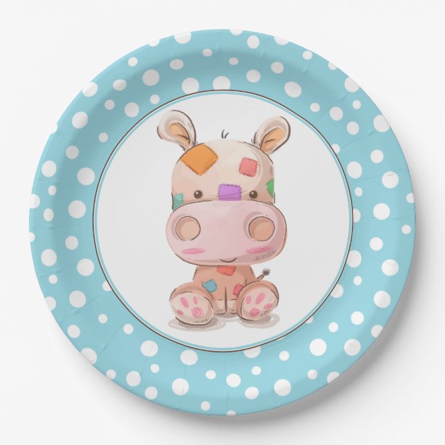 Plato De Papel Patchwork Hippo Child's Blue Birthday (Anverso)