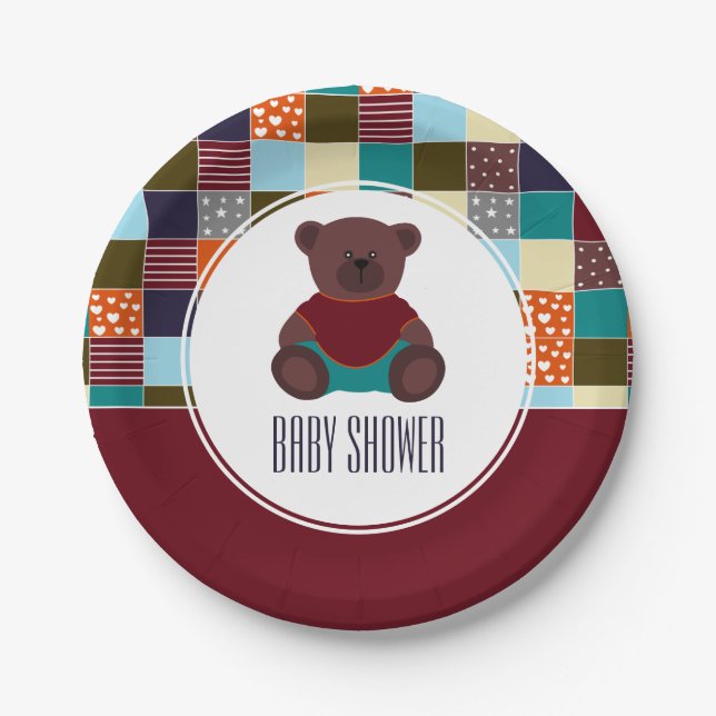 Plato De Papel Patchwork Teddy Bear, Baby Shower (Anverso)
