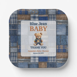 Plato De Papel Patchwork Western Denim Bear Blue Jean Baby Shower