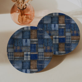 Plato De Papel Patchwork Western Denim Bear Blue Jean Baby Shower
