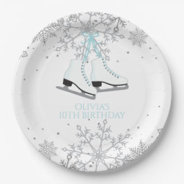 Plato De Papel Patinaje sobre hielo Cumpleaños copos de nieve azu