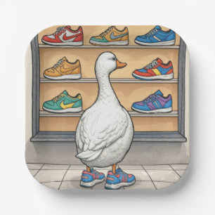 Plato De Papel Pato blanco de compras en una zapatería