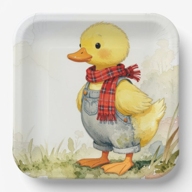Plato De Papel Pato de acuarela con overoles y bufanda (Anverso)