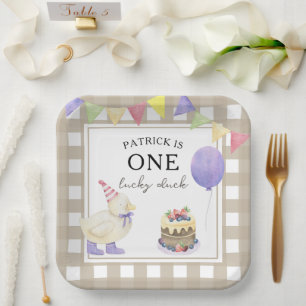 Plato De Papel Pato de acuarela cumple 1 año