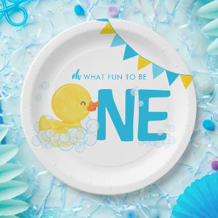 Plato De Papel Pato de goma de color blanco un primer cumpleaños