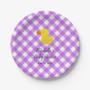Plato De Papel Pato de Goma de Cuadros Morados Baby Shower
