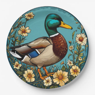 Plato De Papel Pato silvestre rodeado de flores vibrantes en una