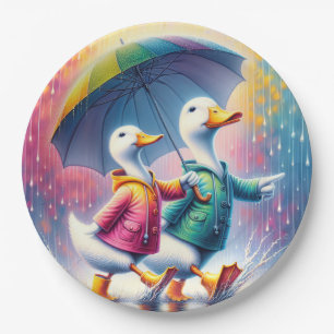 Plato De Papel Patos Blancos Caminando En Lluvia
