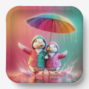 Plato De Papel Patos Blancos Caminando En Lluvia