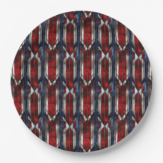 Plato De Papel Patriotic Red White Blue Geometric Pattern (Anverso)