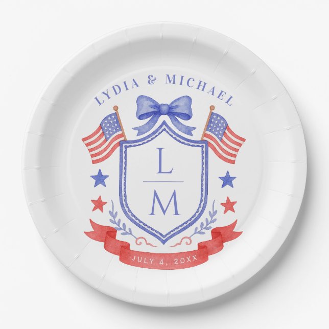 Plato De Papel Patriotic Red White & I Do Monogram Wedding (Anverso)