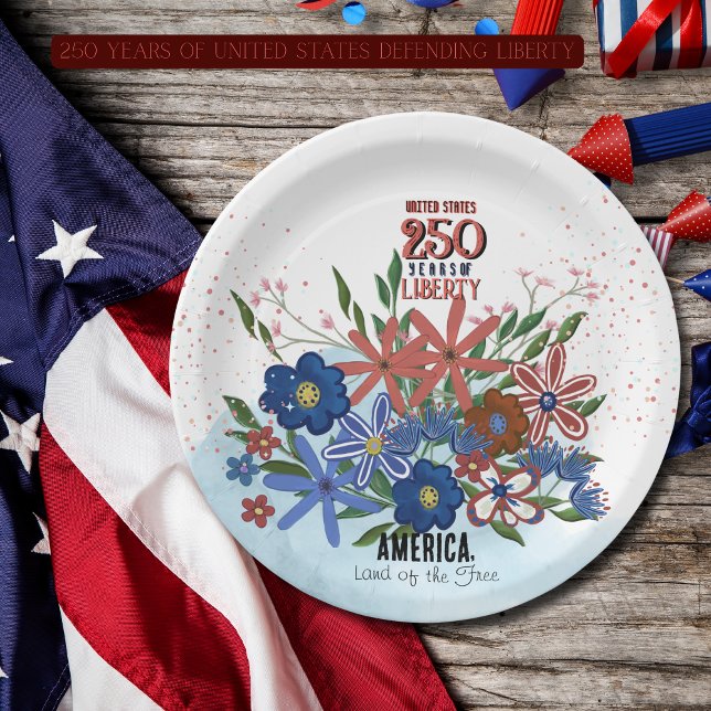 Plato De Papel Patriótico floral de los Estados Unidos 250 años (United States 250 Years Floral Patriotic Paper Plates)