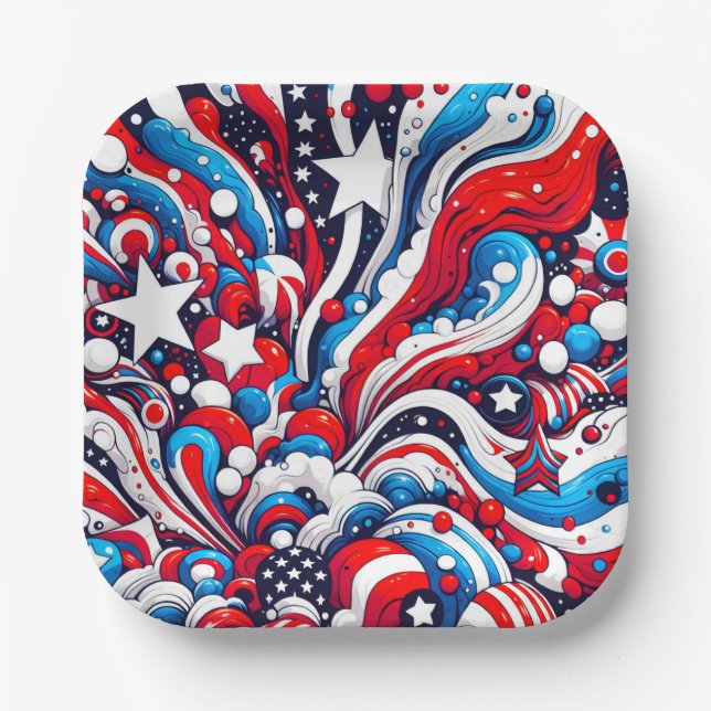 Plato De Papel Patriótico Rojo, Blanco y Azul 4 de julio (Anverso)