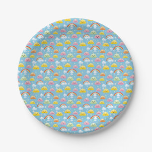 Plato De Papel Patrón alegre con nubes sonrientes y arcoiris