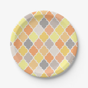 Plato De Papel Patrón amarillo, naranja y quatrefoil gris