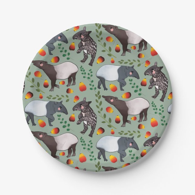 Plato De Papel Patrón animal tapir verde y negro de Malasia (Anverso)