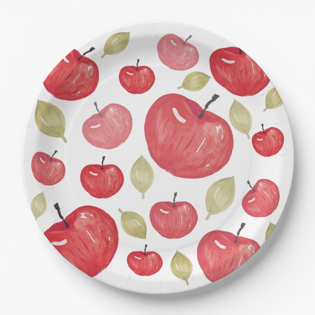 Plato De Papel Patrón Apple Watercolor Pintado a Mano (Anverso)