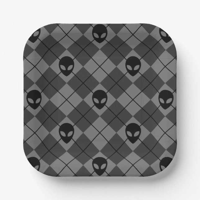 Plato De Papel Patrón Argyle de Alien Negro y Gris (Anverso)