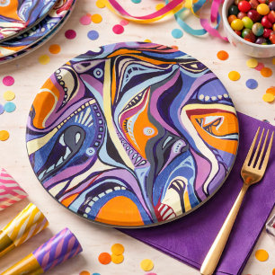 Plato De Papel Patrón Art Deco - azul y naranja