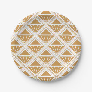 Plato De Papel Patrón Art Déco dorado y blanco con rombos