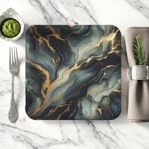 Plato De Papel Patrón Artístico de Mármol y Marina de Medianoche