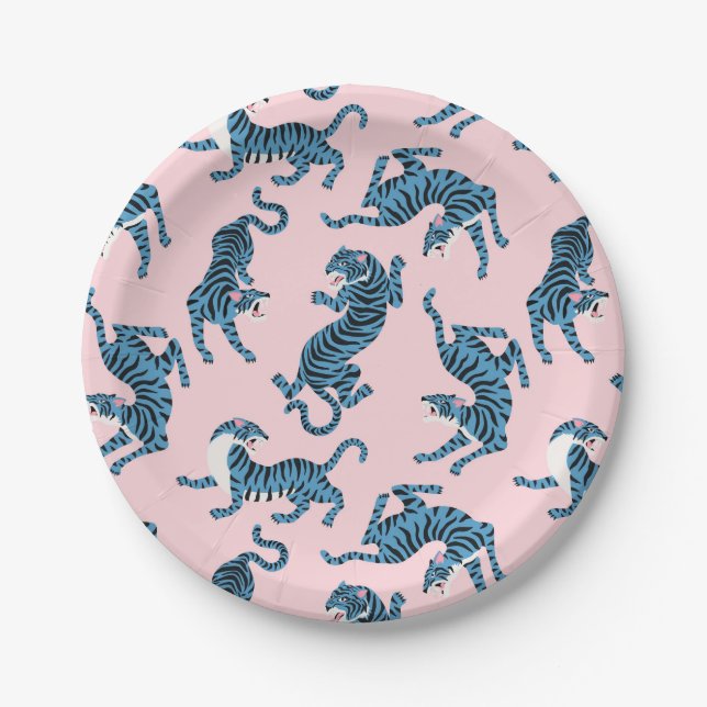 Plato De Papel Patrón asiático del tigre azul (Anverso)
