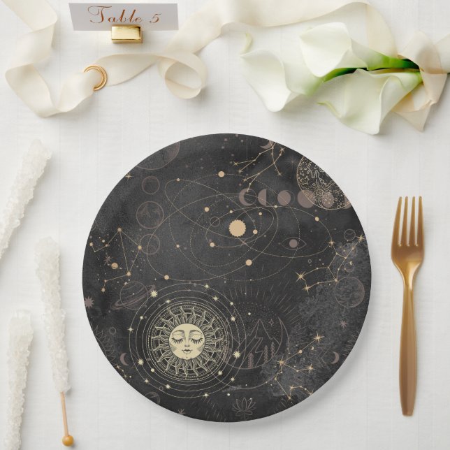 Plato De Papel Patrón Astrológico de Oro Negro (Boda)