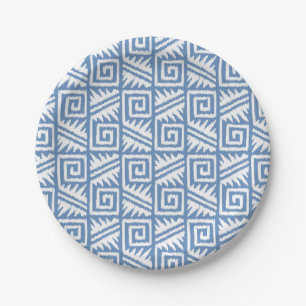 Plato De Papel Patrón Azteca Ikat - Azul cielo y blanco