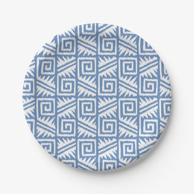 Plato De Papel Patrón Azteca Ikat - Azul cielo y blanco (Anverso)