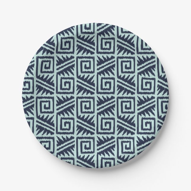 Plato De Papel Patrón azteca Ikat - azul índigo y azul claro (Anverso)