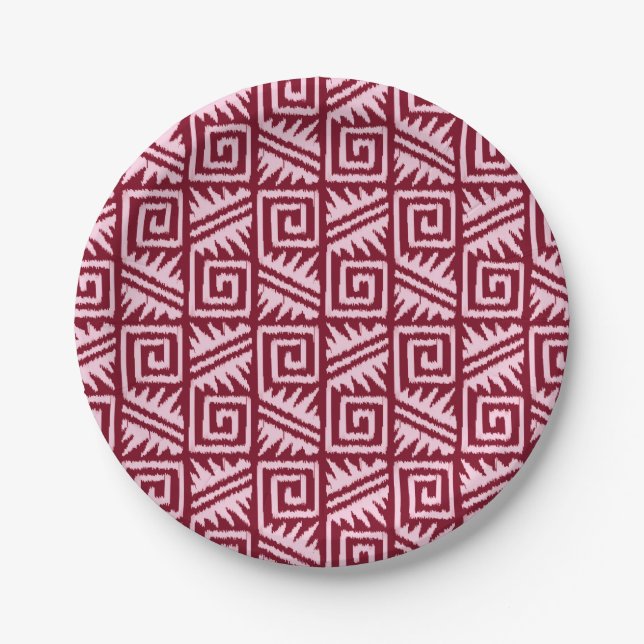 Plato De Papel Patrón Azteca Ikat - Borgoña y Rosa (Anverso)